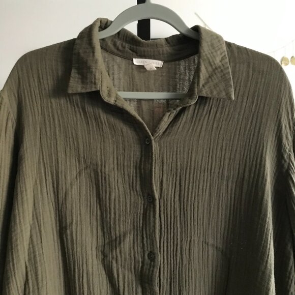 EILEEN FISHER size L Organic Cotton Gauze Classic Collar Button Up Shirt Green - Picture 2 of 4
